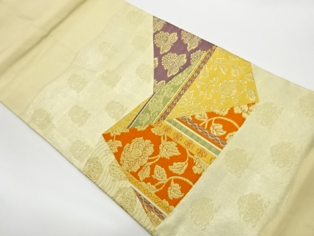 リサイクル　切り嵌めに花唐草・名物裂文様織出し名古屋帯